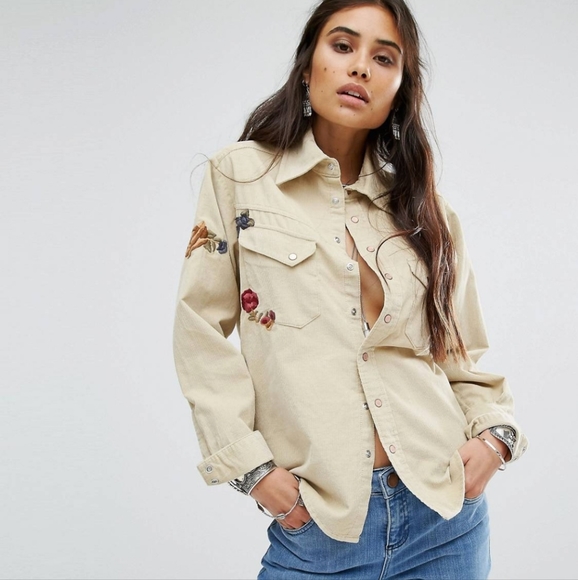 Free People Tops - Free People Baby Cord Cream Floral Embroidered Courduroy Snap Boho Buttondown